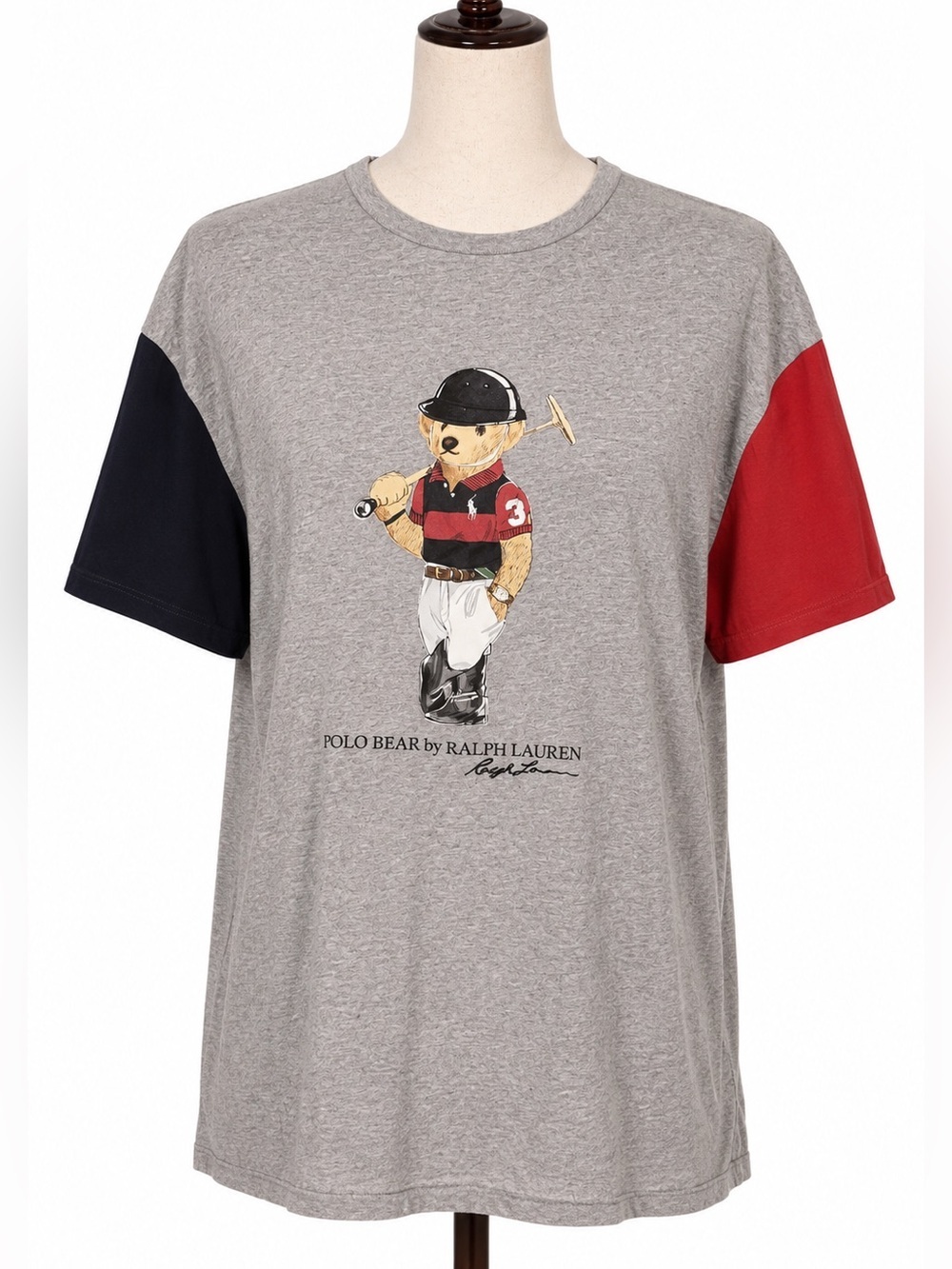 Ralph Lauren Polo Bear Grey Tee with Red & Navy Sleeves Colorblock M